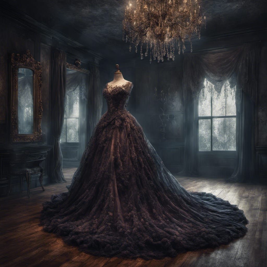 Spooky Ballgown on Mannequin in Fantasy Splash Art Style