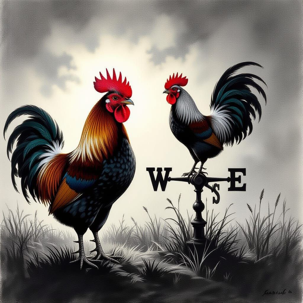 Charcoal Drawing of Farm Rooster vs Weather Vane Rooster