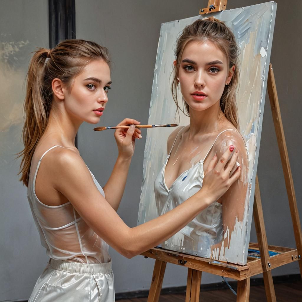 Girl Paints Self-Portrait: Photorealistic Masterpiece