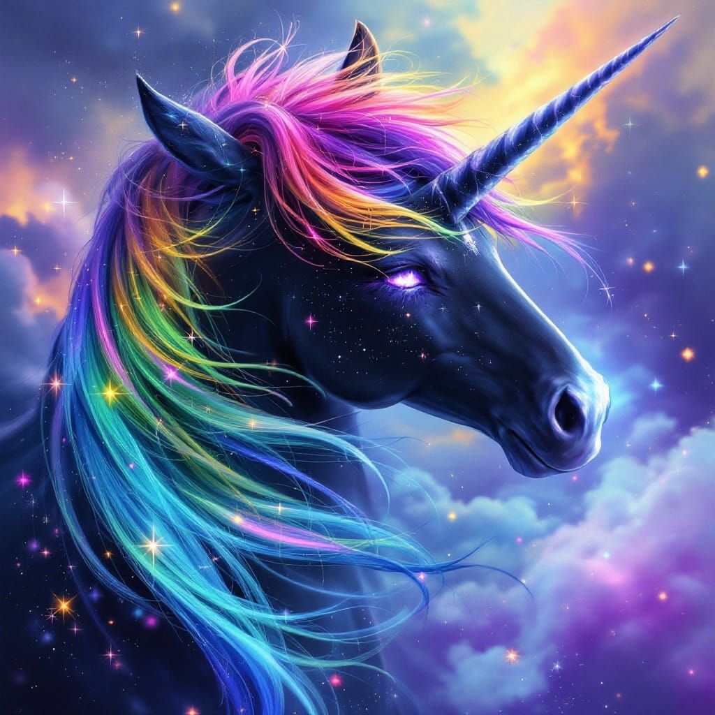 Majestic Black Unicorn with Rainbow Mane and Sparkles