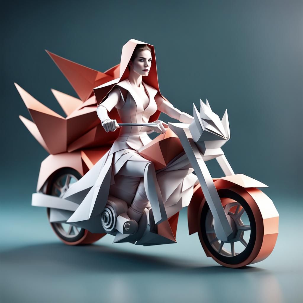 Hyperrealistic Sorceress on Motorcycle with Origami Details