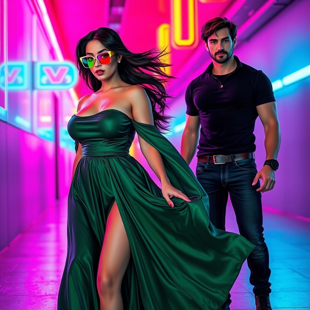 Elegant Woman in Neon-Lit Synthwave Atmosphere