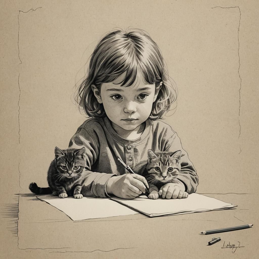 Child and Cat Pencil Drawing Illustration