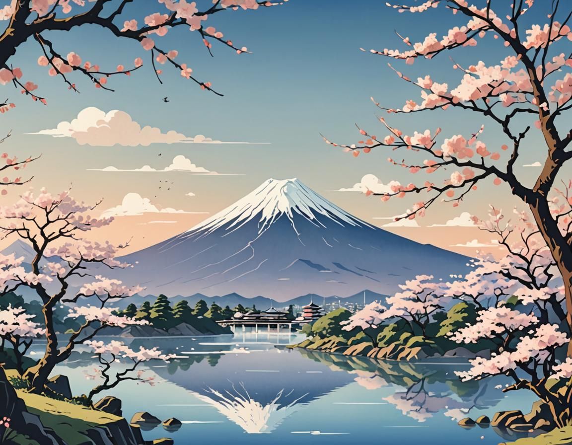 Mount Fuji Landscape in Ukiyo-e Style