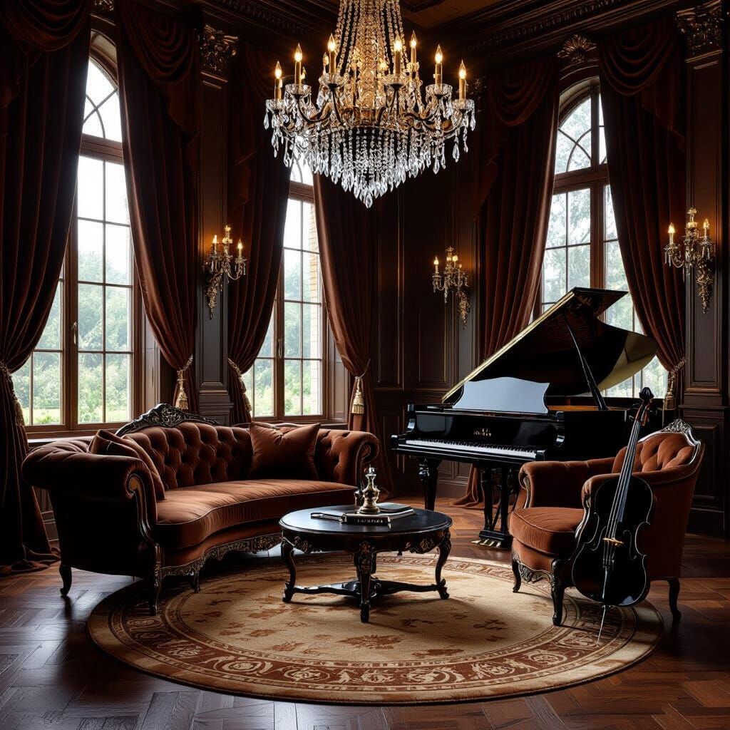 Grand Gothic Room with Velvet Sofa and Piano