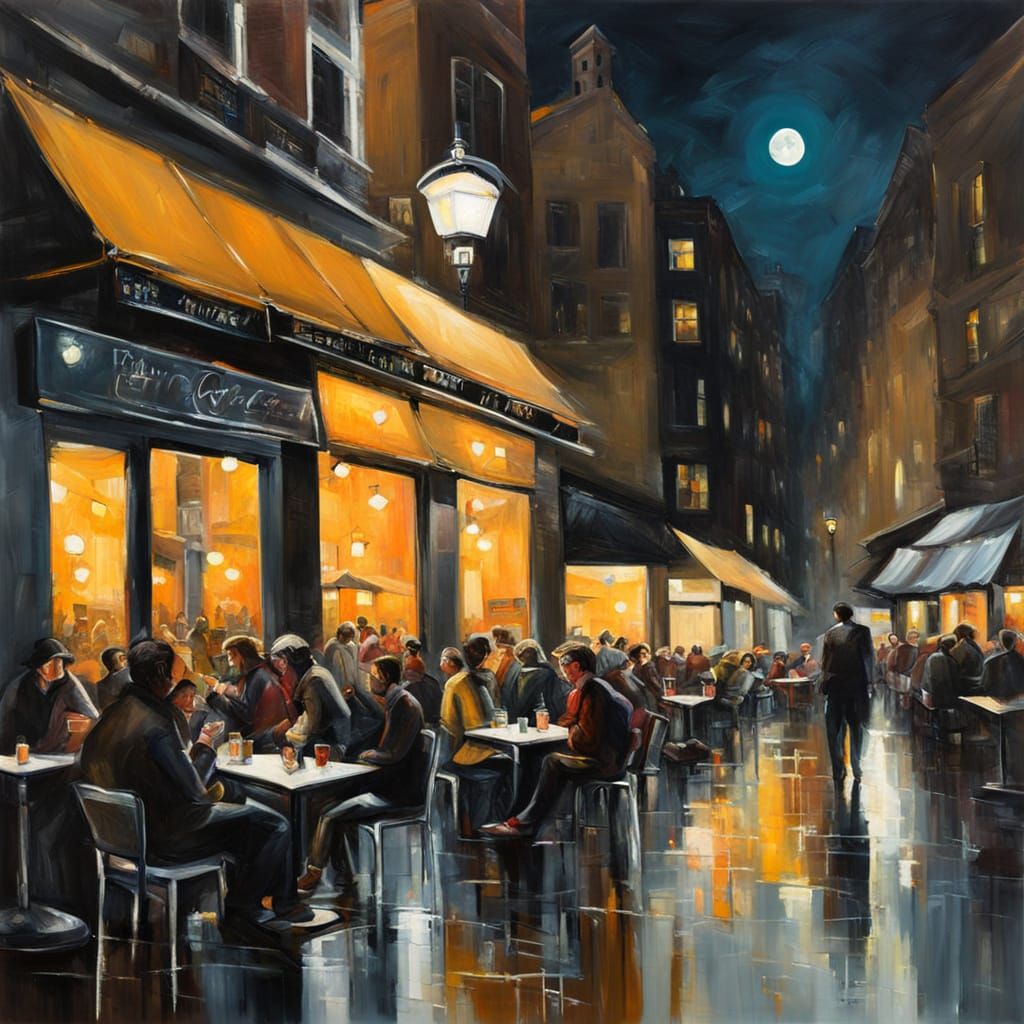 Night Cafe Scene in Oil on Canvas Style