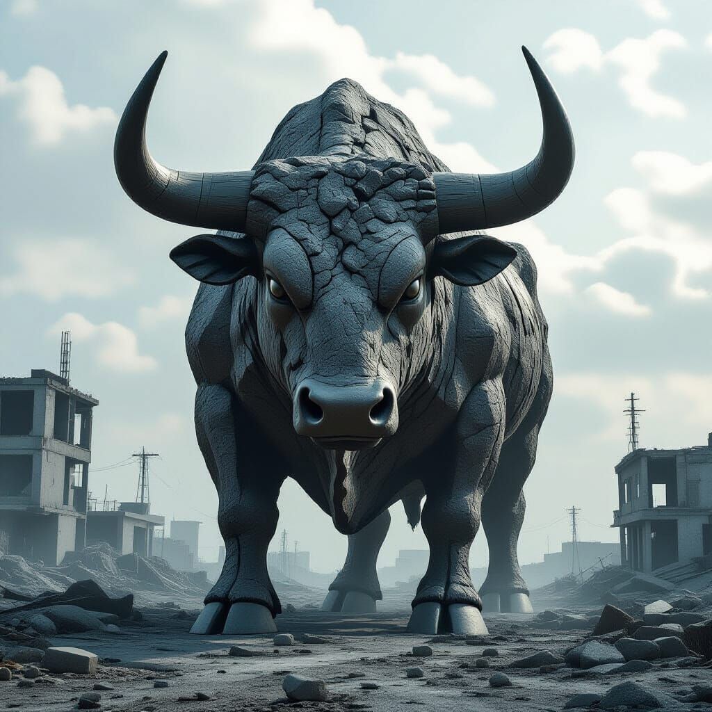 Stone Bull Sculpture in Post-Apocalyptic Landscape
