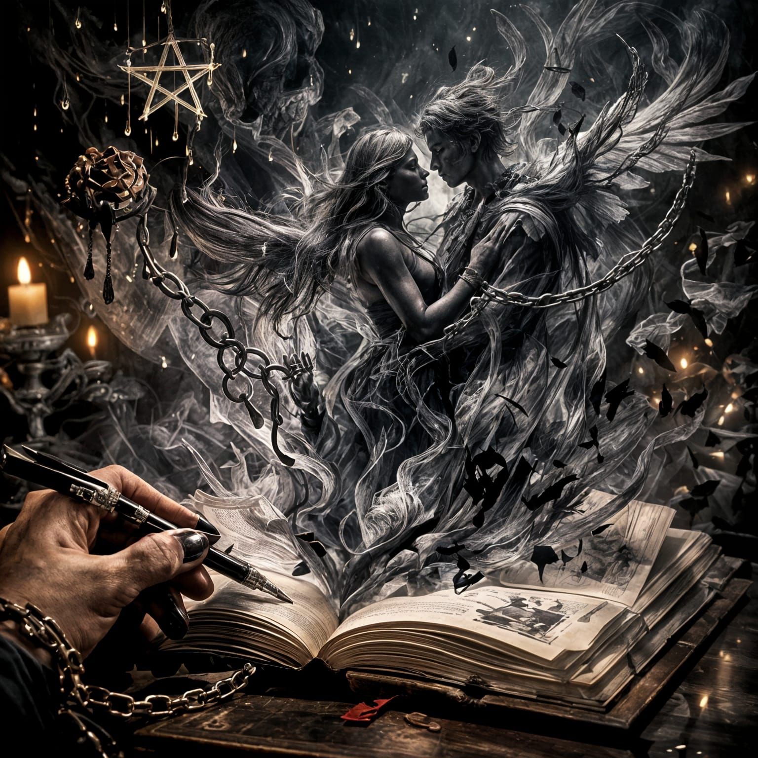 Shadowy Figures Rise Above Open Book Pages