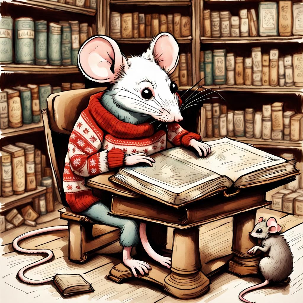 Christmas Mouse in Bookstore: Sketch Art Illustration