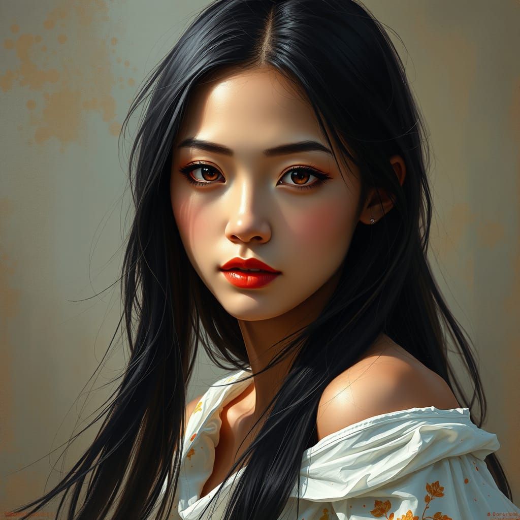 Impressionist Malaysian Beauty in Whimsical White Shawl