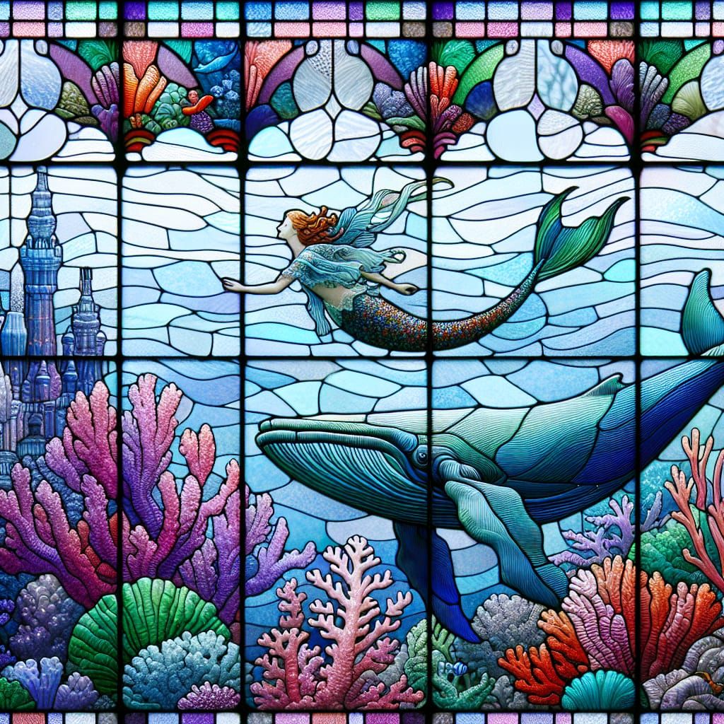 Stained Glass Mermaid and Whale Underwater Kingdom