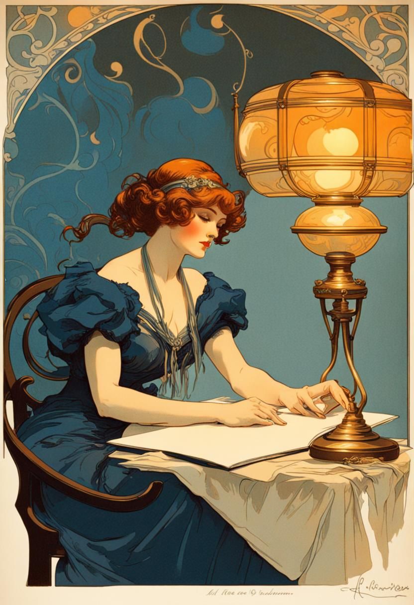 Art Nouveau Lithograph: Woman Writing at Desk