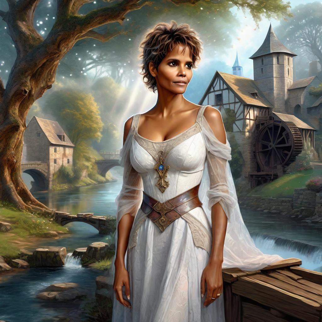 Halle Berry Medieval Clothes in a medieval Fantasy World, White Dress, Old Tree, Watermill, River, Head and Shoulders, e...