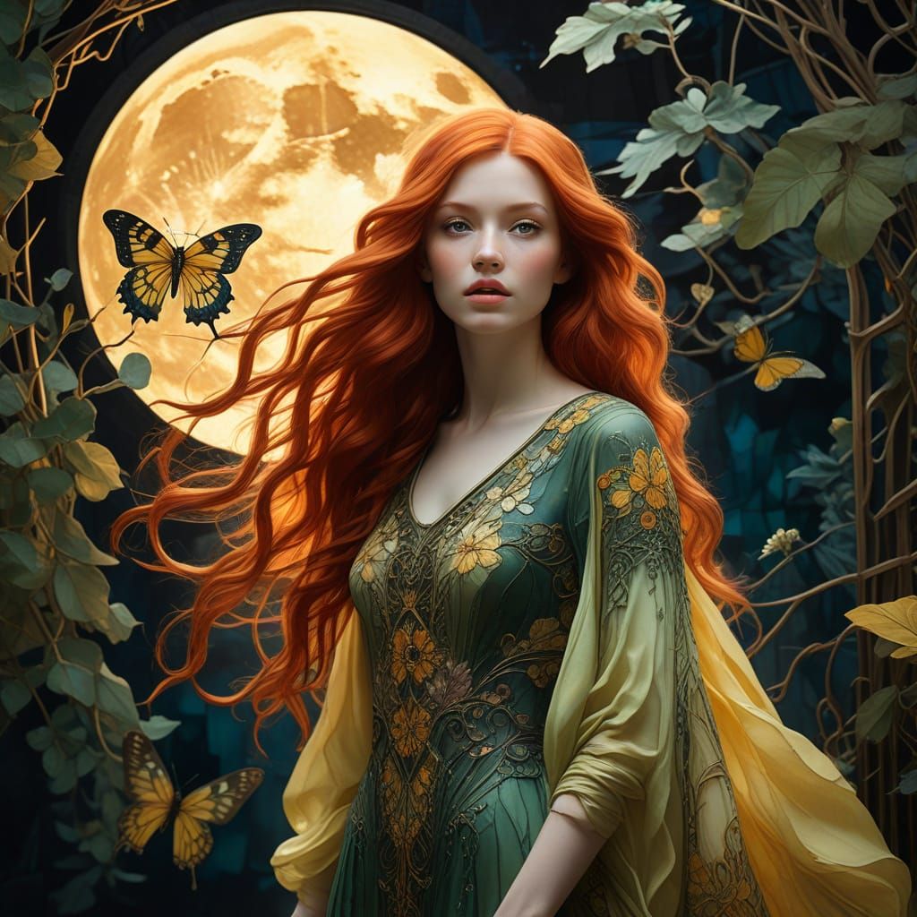 Art Nouveau Woman with Butterfly Under Yellow Moon