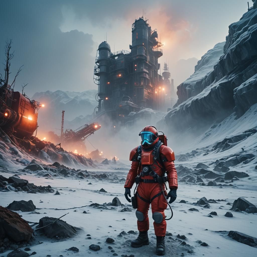 Figure in Red Bodysuit in Icy Environment