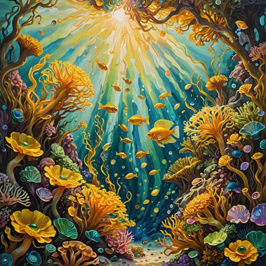 Glowing Coral Reef Oil Painting in Kinkade Style