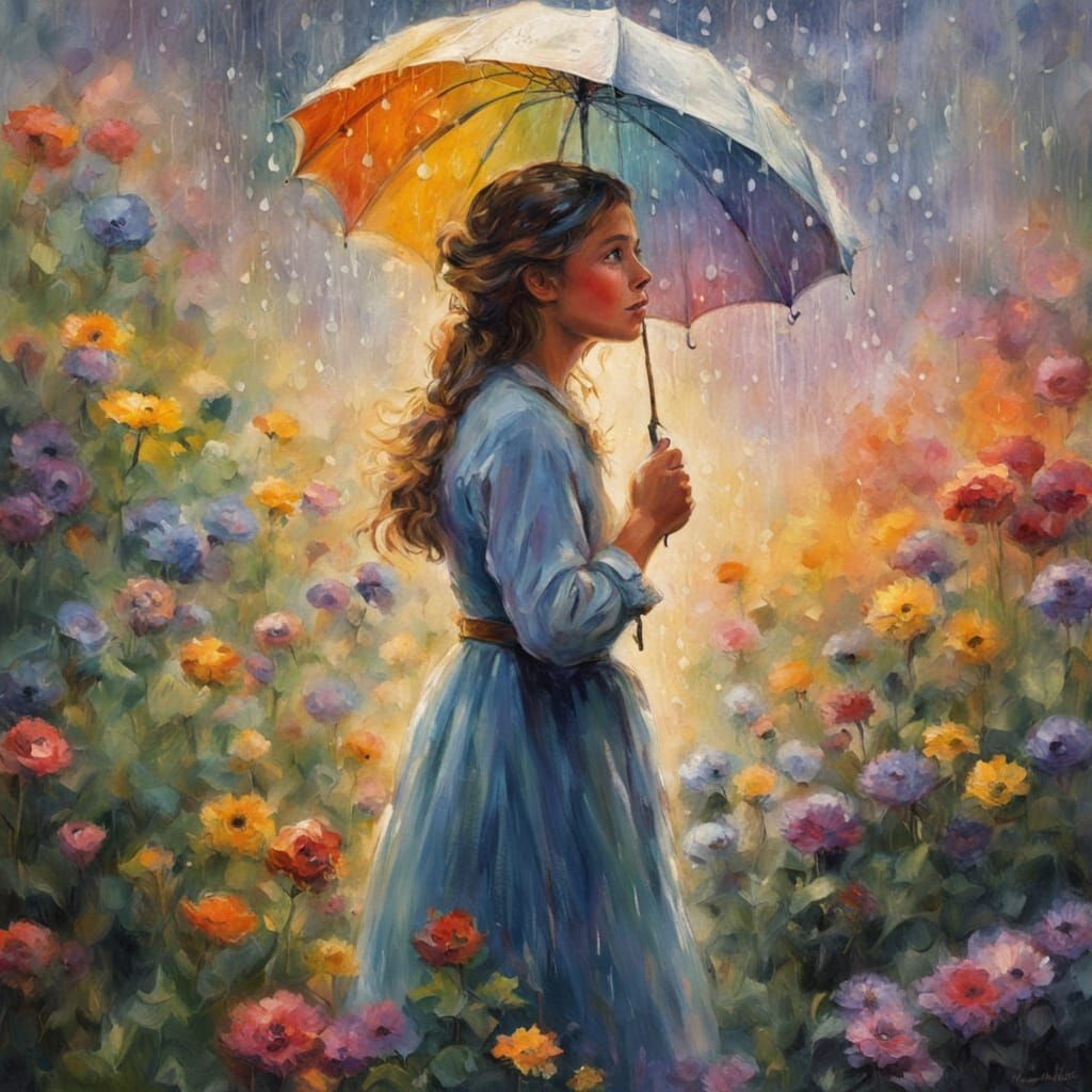 Girl Dancing in Summer Rain: Impressionist Oil Painting