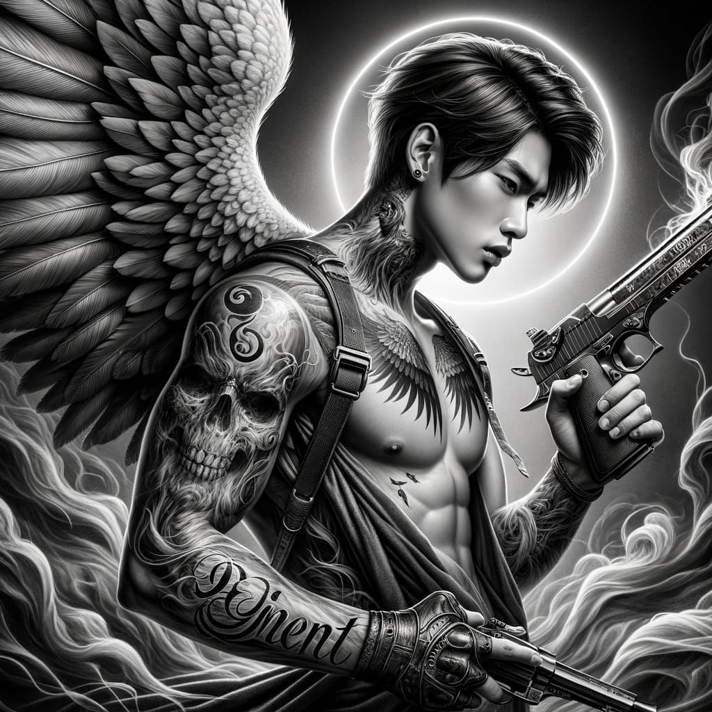 Tattoo Design: Angel with Desert Eagle in Dramatic Black & G...