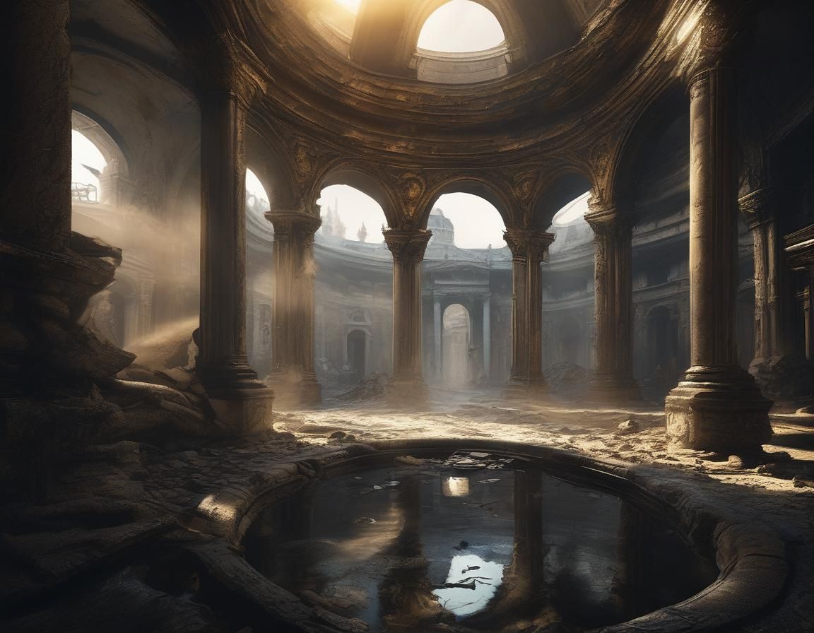 Ethereal Baroque Ruins in Golden Twilight