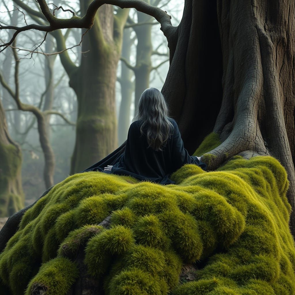 Ethereal Forest Scene: Woman Resting in Tree Roots