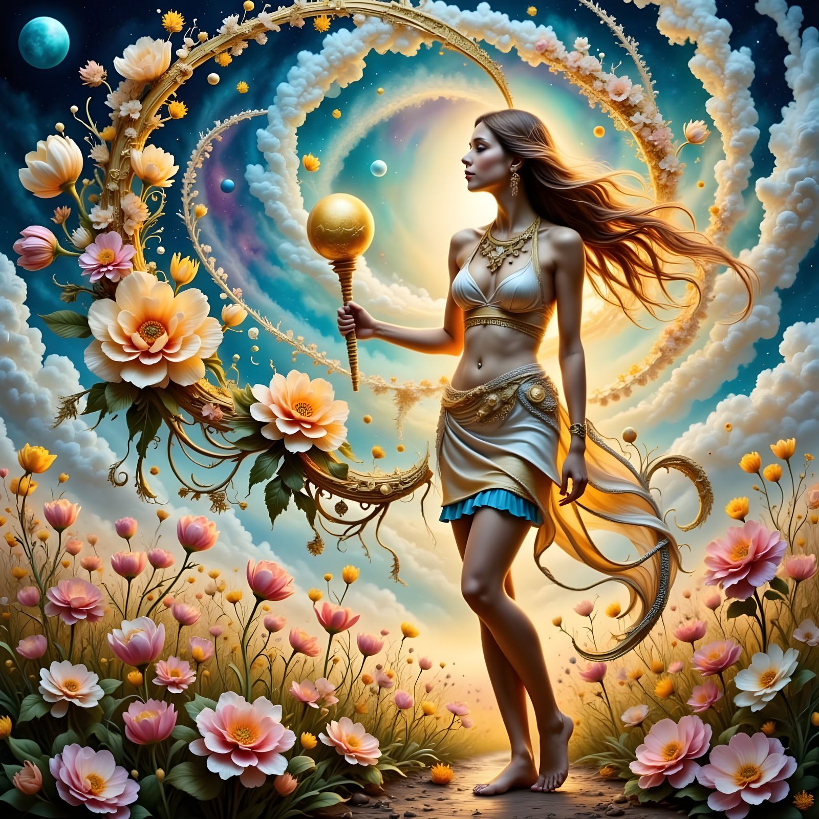 Ethereal Woman in Giant Tulip Field with Glowing Staff