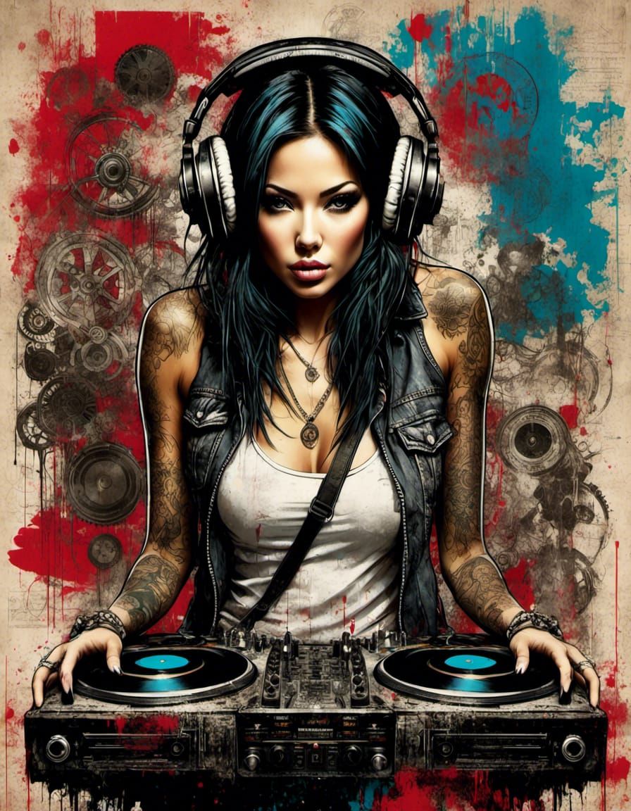 Dada Art Photomontage of Female DJ and Gear