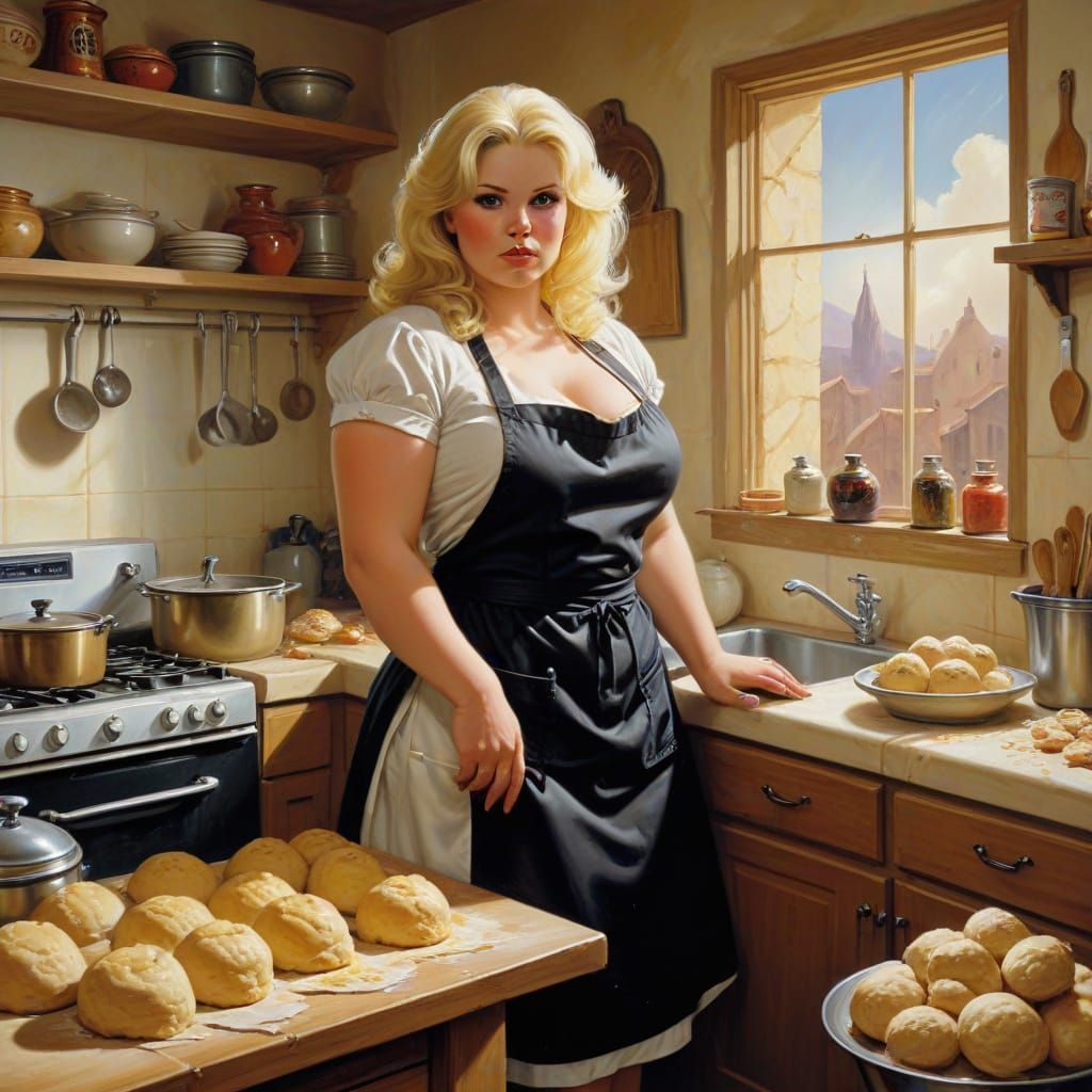 Chubby Baker in Apron Surrounded by Dough