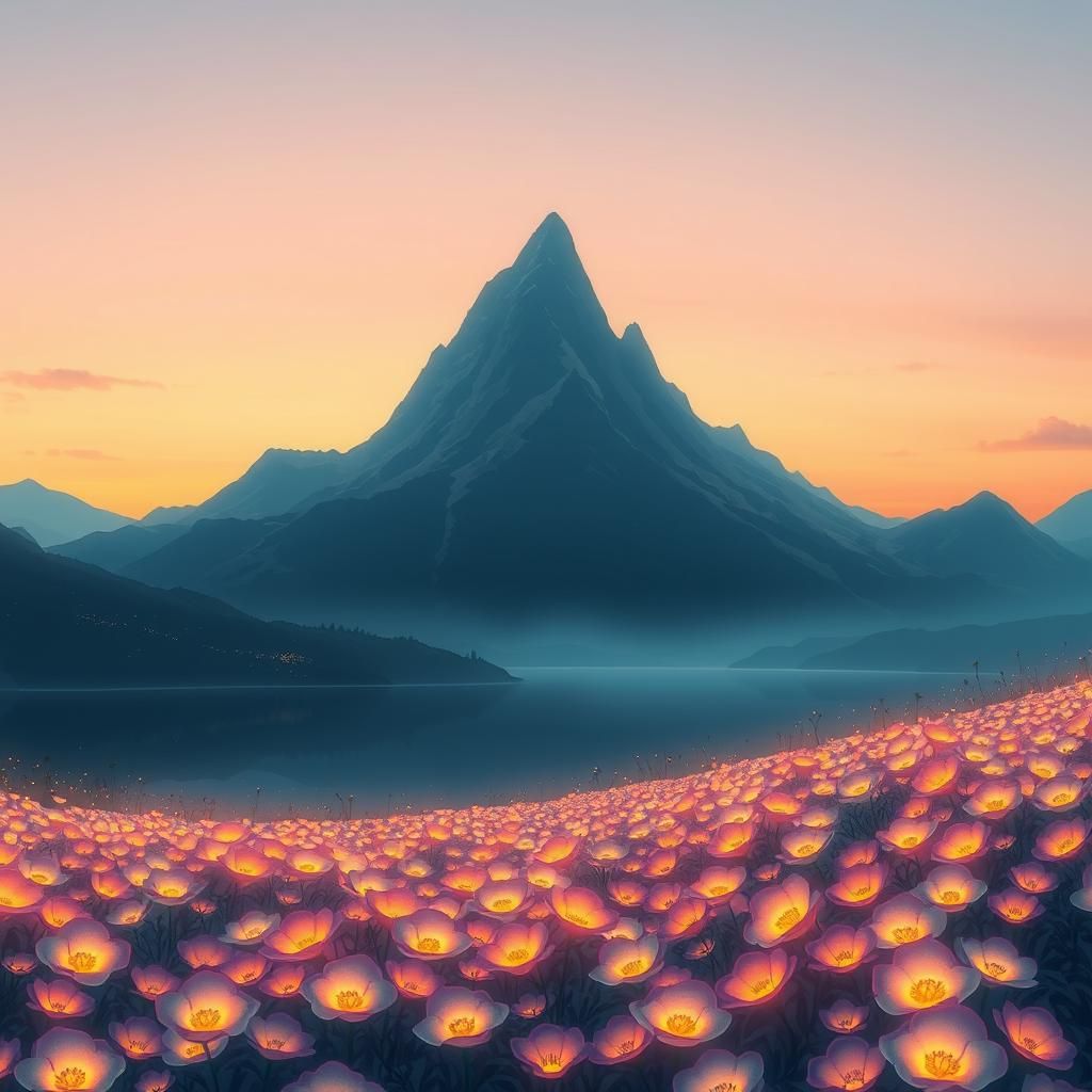 Bioluminescent Flowers in Dreamy Mountain Landscape