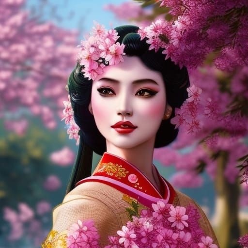 Beautiful Robot Geisha with Cherry Blossoms