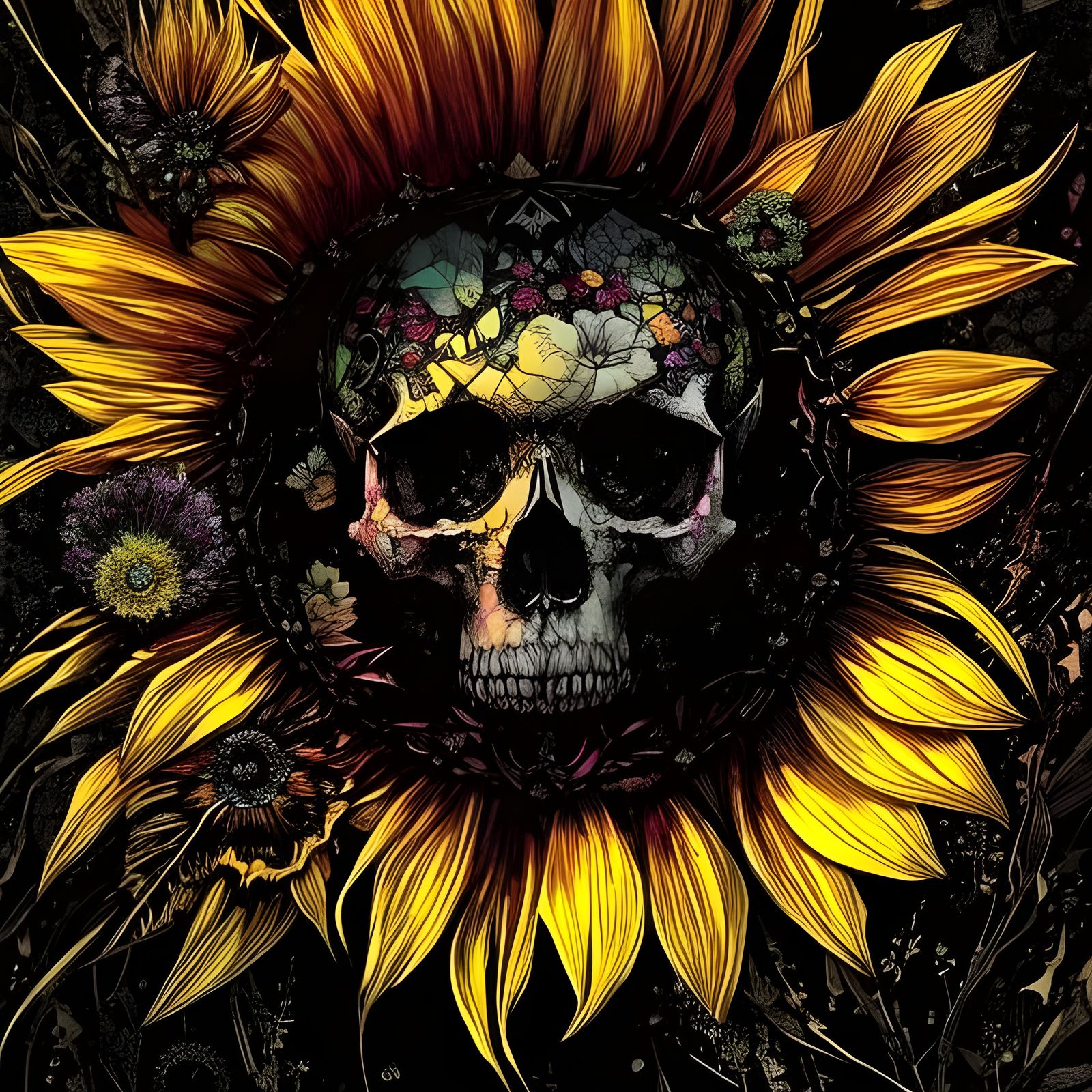 Skull-Flower Sunflower with Dark Outlines and Shiny Aura