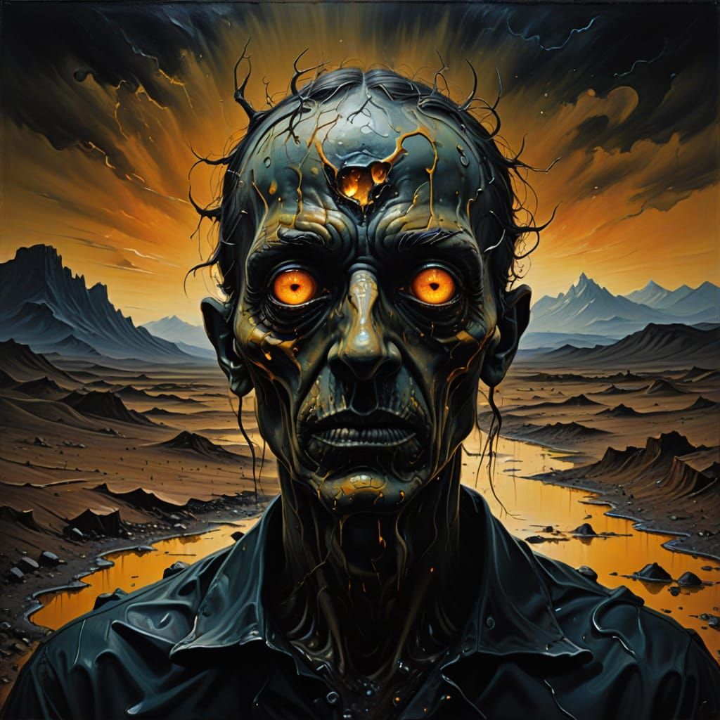 Surrealistic Oil Painting of a Glowing Humanoid in a Wastela...