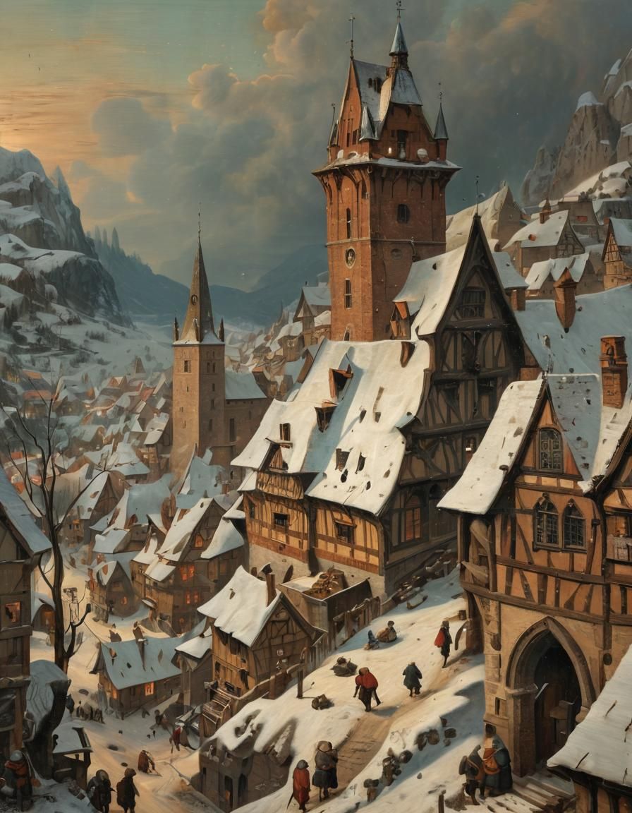 Stormy Alpine Village in the Style of Bruegel