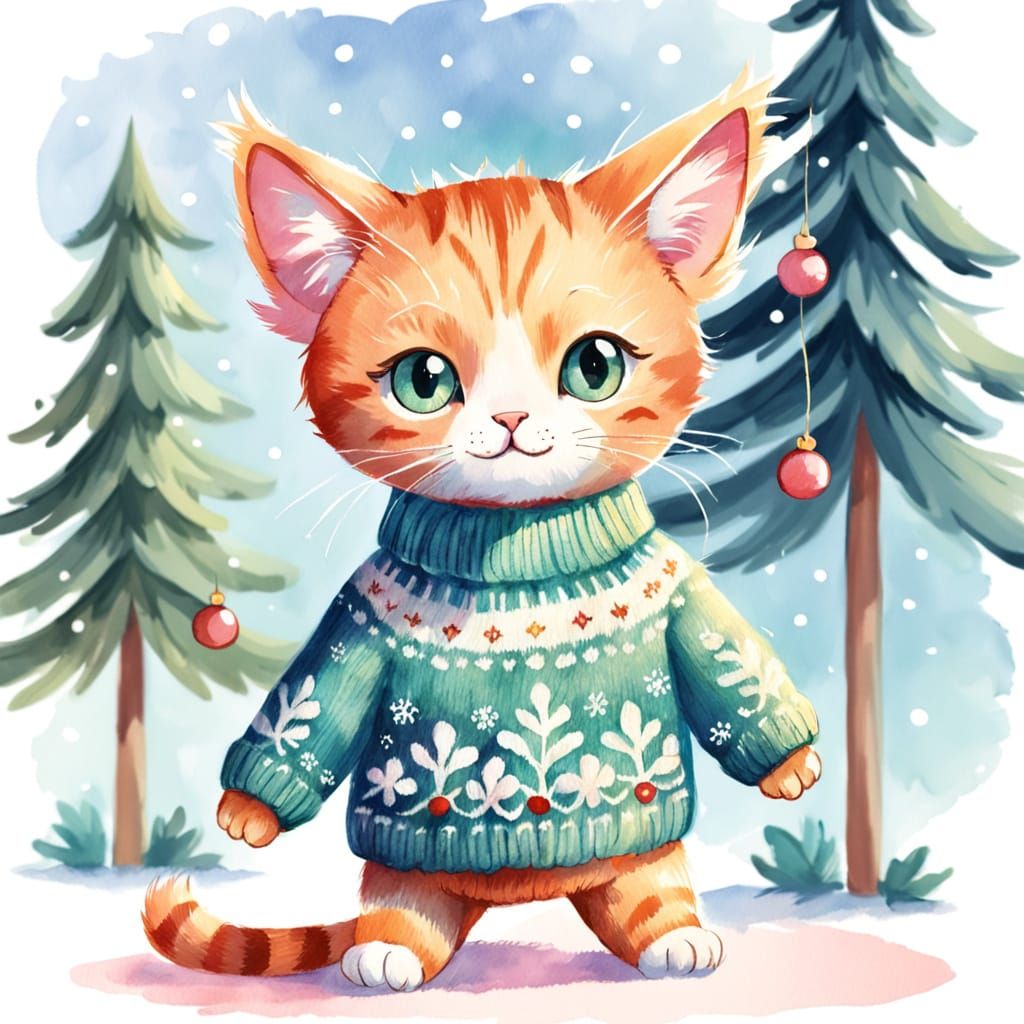 Cute Toy Cat in Sweater by Christmas Tree Watercolor Sketch