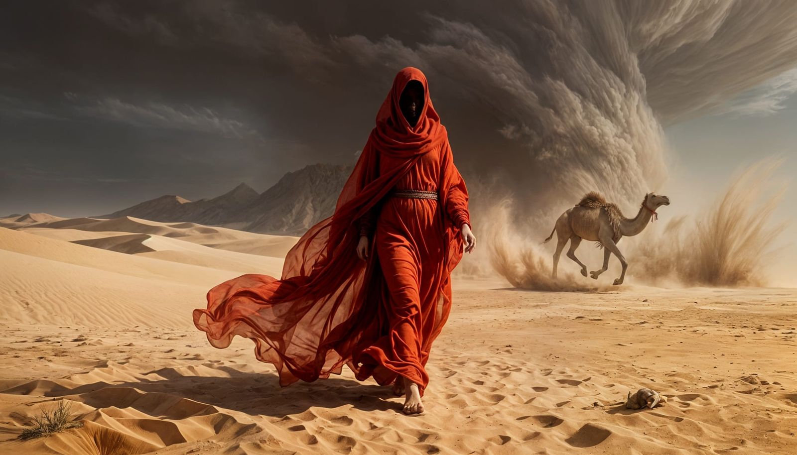 Mysterious Figure Walks Towards Desert Sandstorm With Camel