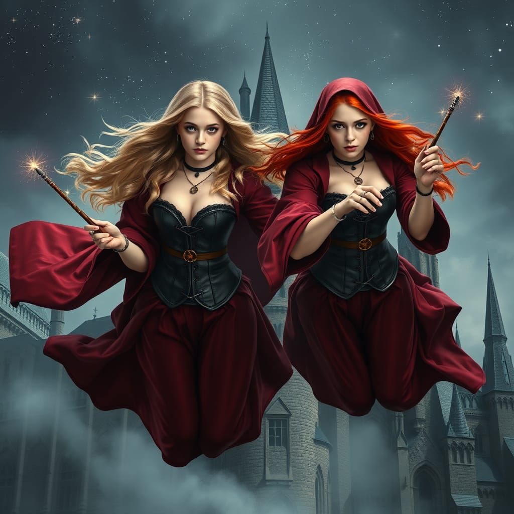 Twin Witches Cast Spells Above Hogwarts Castle