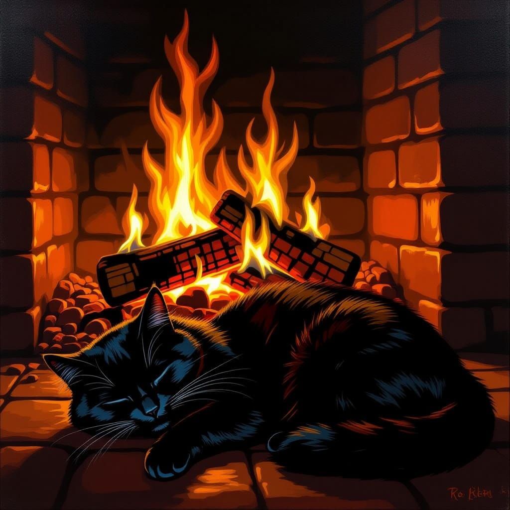 Black Cat Sleeping by Roaring Fireplace in Dutch Master Styl...