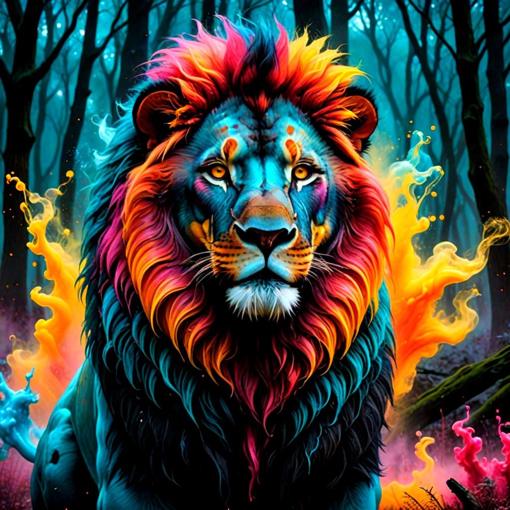 Colorful Lion Dissolves into Filaments on Black Ice