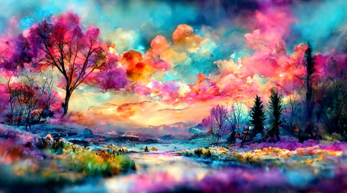 Whimsical Sunset Landscape in Vibrant Pastel Colours