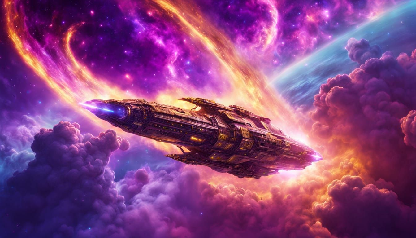 Spaceship Soaring Through a Galactic Nebula