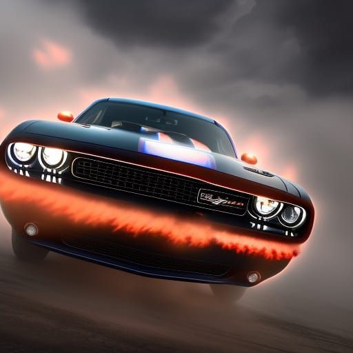 Dodge challenger hellbird, engine running with exhaust smoke cloud , iridescent, shiny, polished, hyperdetailed hyperea...