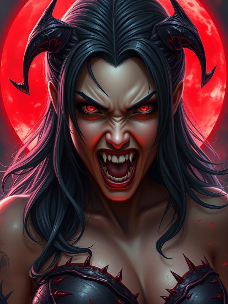 Dark Fantasy Vampire Goddess Illuminated by Blood Red Moon