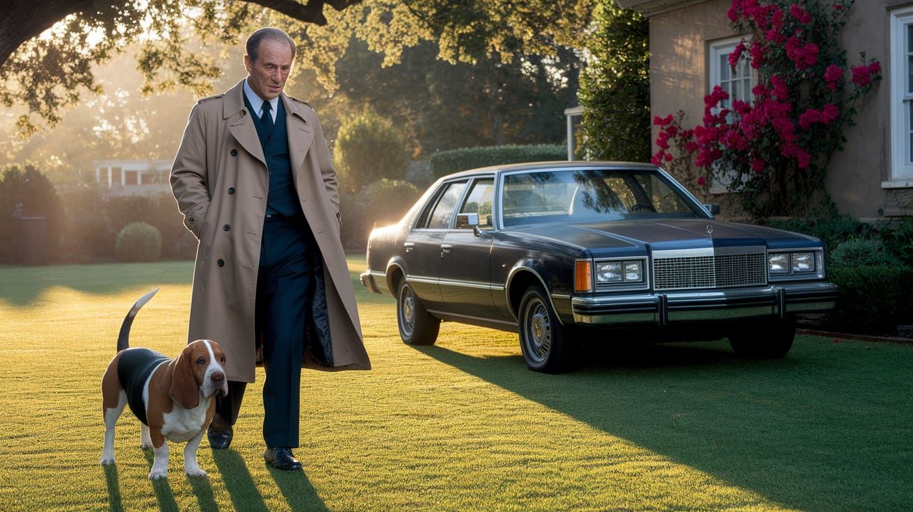 Lieutenant Columbo with Basset Hound in 1970s Style