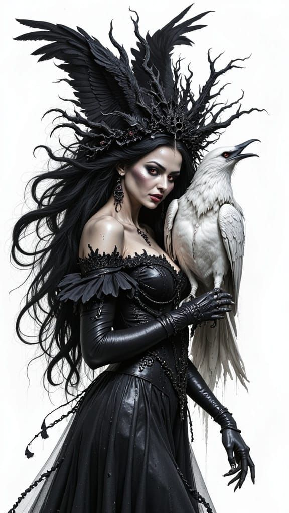 Goddess with Ravens: Charcoal and Pencil Sketch