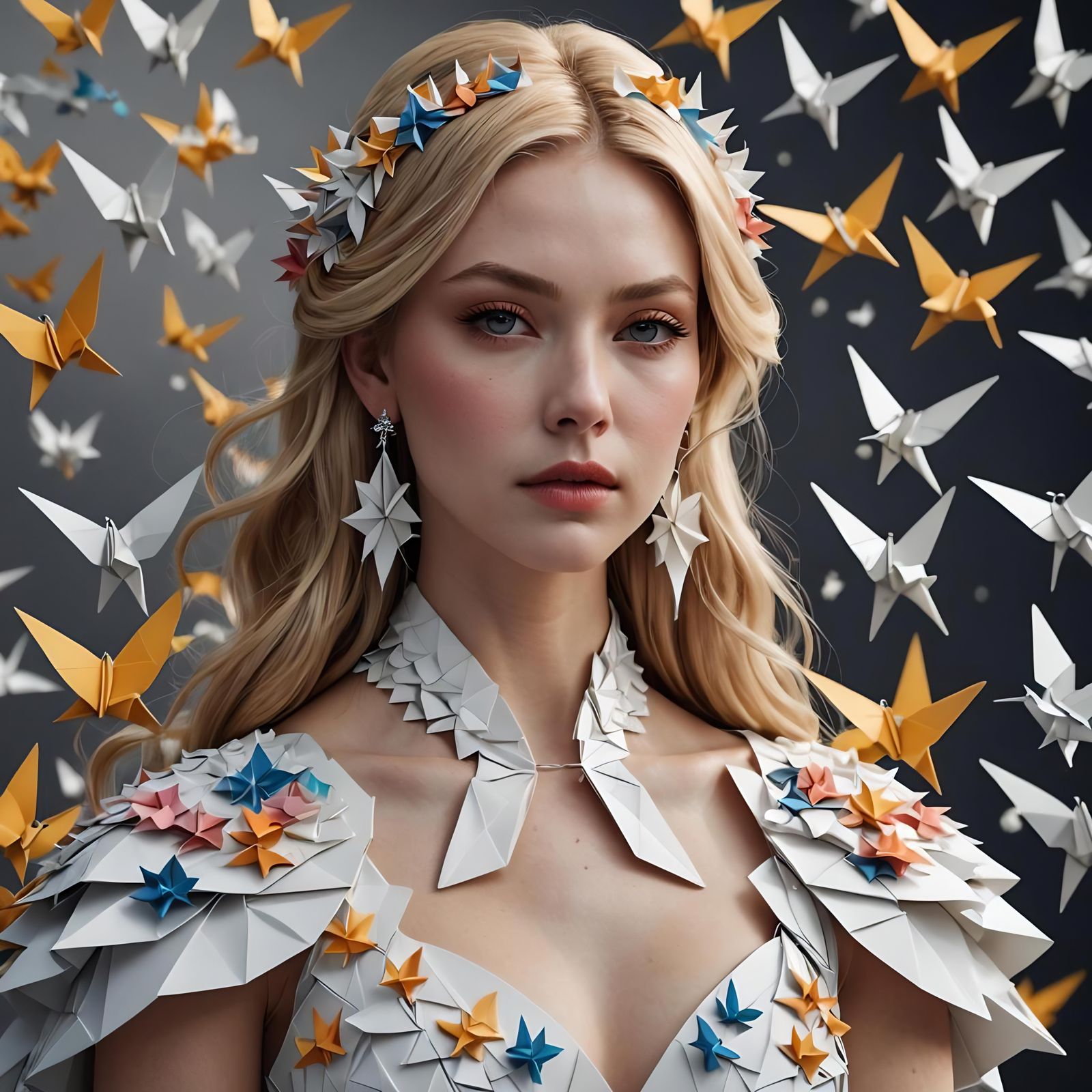 Origami Bird Dress: Hyperdetailed Photorealistic Woman