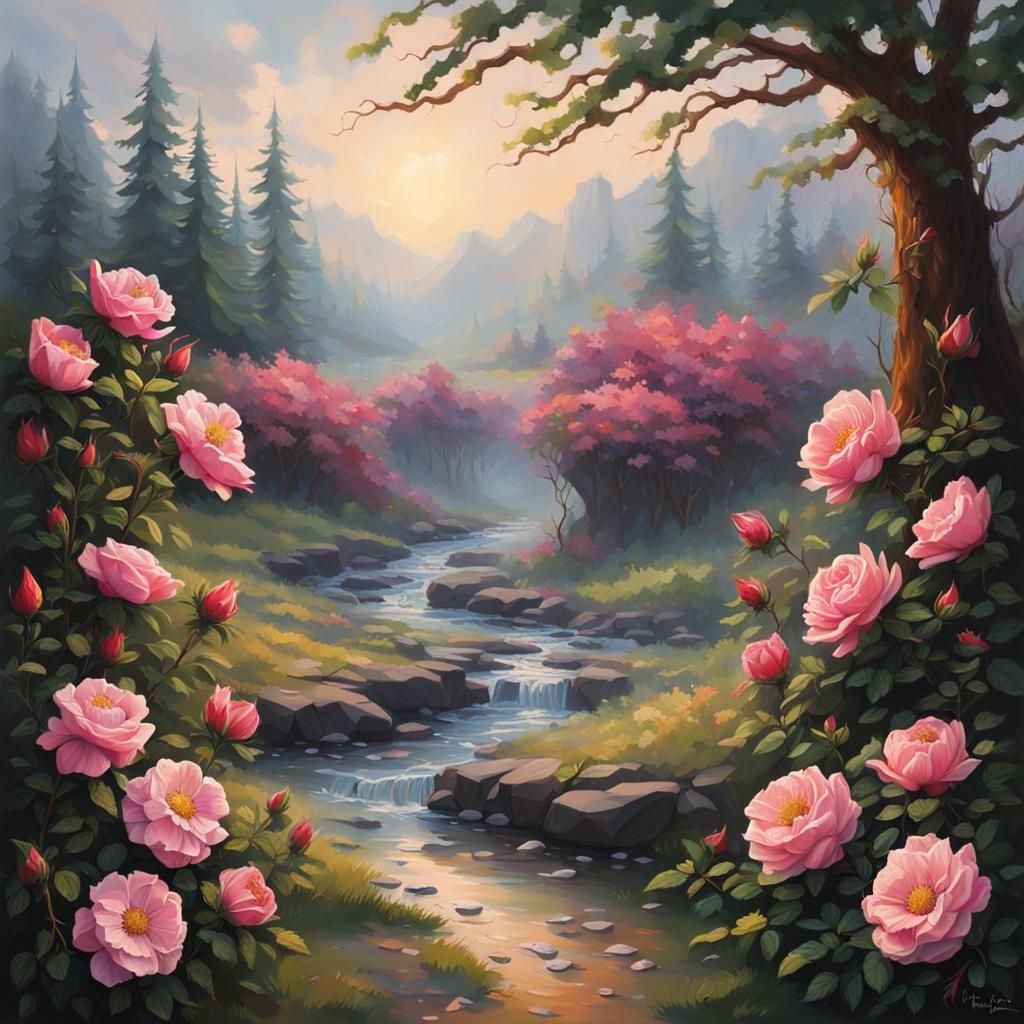 Hyperrealistic Wild Roses in Splash Art Style