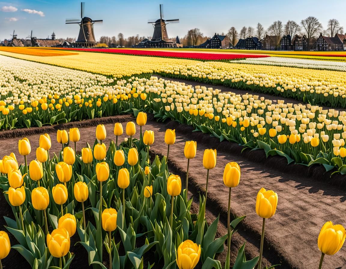 Amsterdam Tulip Fields with Windmills