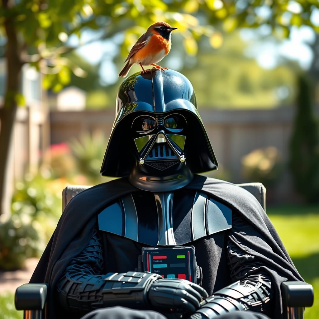 Darth Vader Surprised by a Robin's Visit in a Sunny Backyard