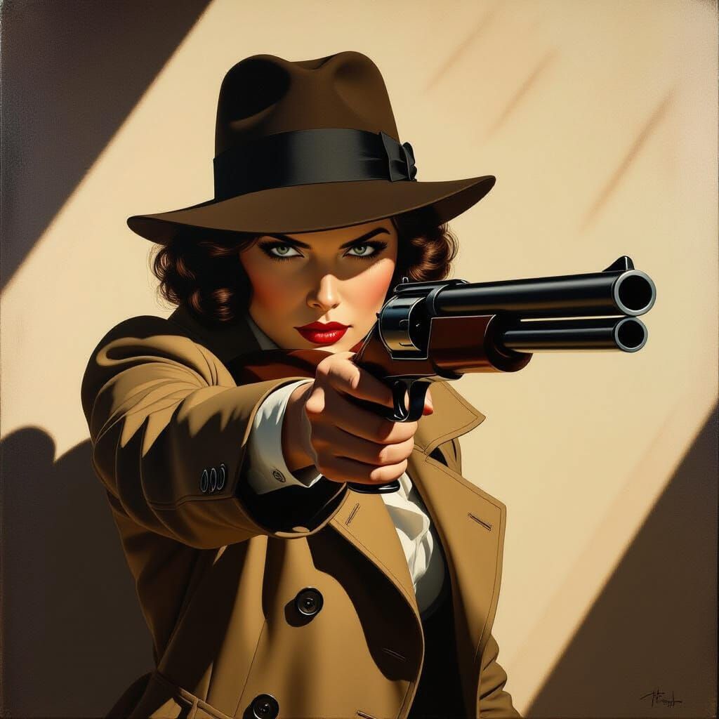 1920s Female Detective Aims Shotgun in Chiaroscuro Style