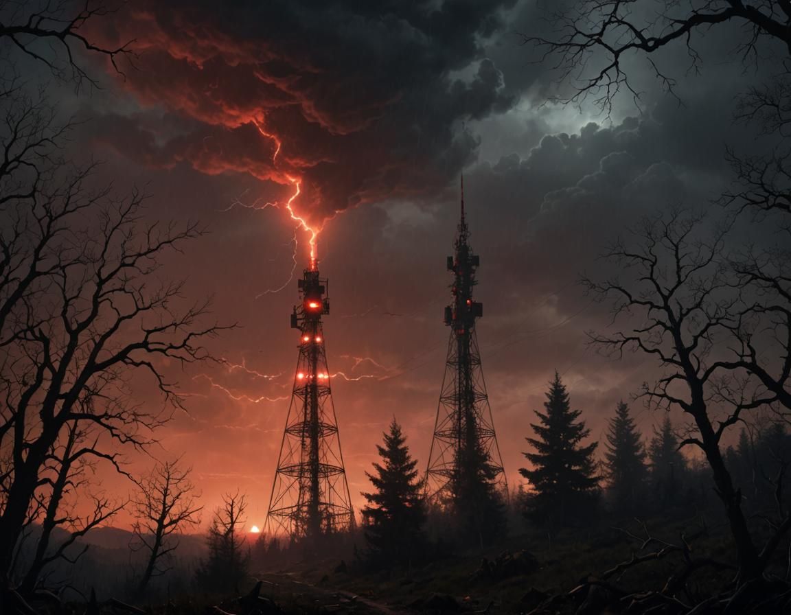 Radio Tower in Stormy Landscape: Cinematic Concept Art