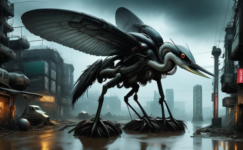 Biopunk Heron Soars Over Dystopian Cityscape